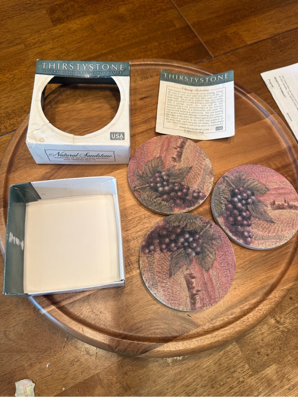 Thirstystone Grapes Wine Country Sandstone Coasters 4" Cork Back Set of 3 w box